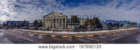 SIMFEROPOL CRIMEA UKRAINE - DEC 27 2016: Panoramic view to the passenger terminal of Simferopol international airport in Simferopol Ukraine on Dec 27 2016.