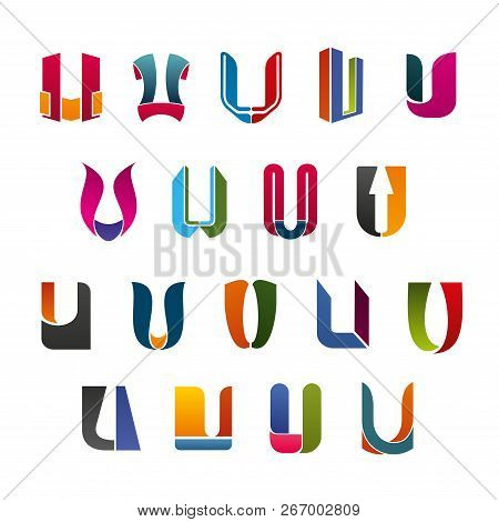 Letter V And U Abstract Icons, Different Colors And Shapes. Alphabetic Symbols Of Unusual Forms Of P