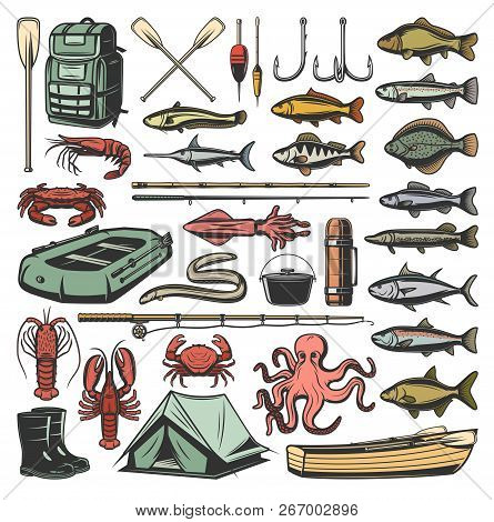 Fishing Sport Vector Icons, Ammunition And Fish. Vector Backpack And Paddle, Hook And Bait, Rod And 