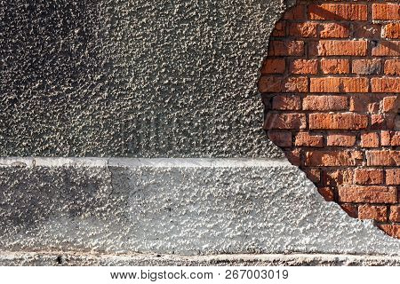 Destroyed Building, Red Brick, Gray Concrete. Concept Textural Background, Abandoned House, Factory
