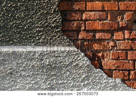 Destroyed Building, Red Brick, Gray Concrete. Concept Textural Background, Abandoned House, Factory