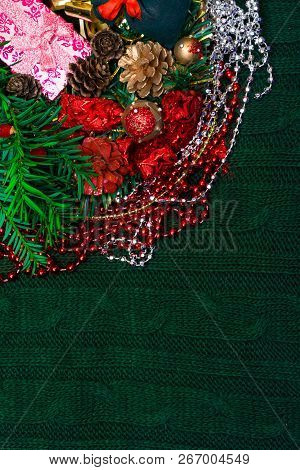 Christmas, New Year Green Stylish Background And Frame With Pink Gifts Box And Green Gift Bag With R