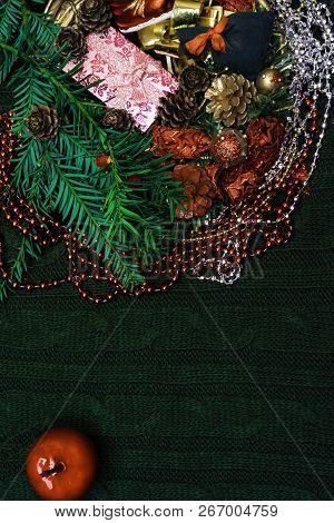 Christmas, New Year Background And Frame With Pink Gifts Box And Green Gift Bag With Red Bow, Copy S