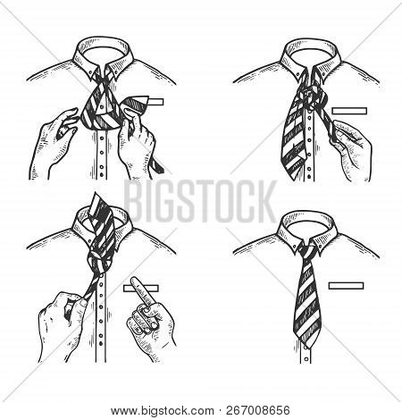 Necktie Instructions Engraving Vector Illustration. Scratch Board Style Imitation. Black And White H