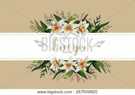 Wedding Invitation Card Floral Lily Bouquet And Lettering