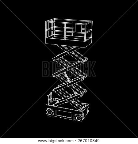 Scissors Lift Platform. Isolated On Black Background. Vector Outline Illustration.