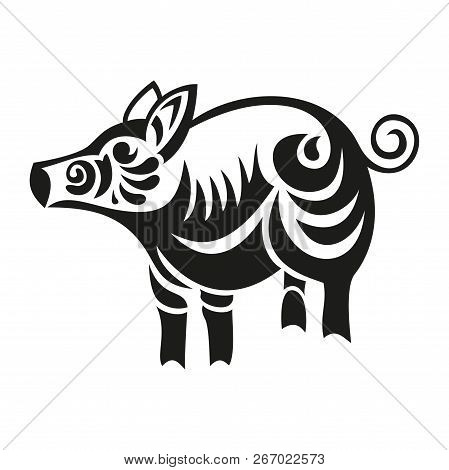 Black And Wnite Paper Cut Pig Symbol. Pig Icon.