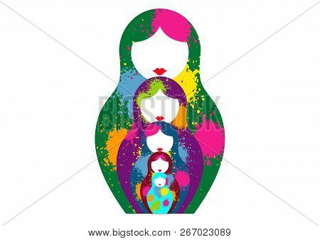 Russian Nesting Dolls Matrioshka, Set Icon Colorful Symbol Of Russia. Splatter Paint Colored Style. 