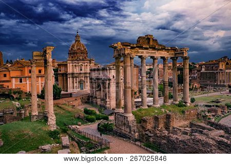 Roman Forum Architecture In Rome Italy City Center. Rome Ethernal City Architectural Details.