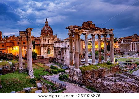Rome Italy Sunset With Roman Forum Ruins And Beautiful Light. Rome Ethernal City Architectural Detai