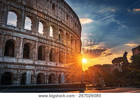 Rome Colloseum At Night Architecture In Rome Italy City Center. Rome Ethernal City Architectural Det