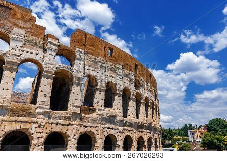 Rome Colloseum Detail Architecture In Rome Italy City Center. Rome Ethernal City Architectural Detai