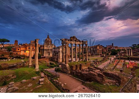 Roman Forum At Sunset Architecture In Rome Italy City Center. Rome Ethernal City Architectural Detai