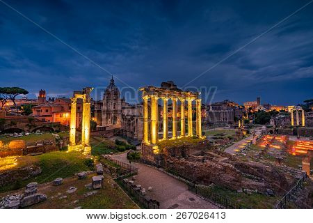 Roman Forum At Sunset Architecture In Rome Italy City Center. Rome Ethernal City Architectural Detai