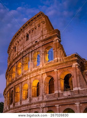 Rome Colloseum At Night Architecture In Rome Italy City Center. Rome Ethernal City Architectural Det