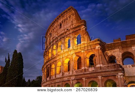 Rome Colloseum At Night Architecture In Rome Italy City Center. Rome Ethernal City Architectural Det
