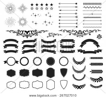 Retro And Vintage Design Collection Set. 64 Elements Arrows, Starbursts, Ribbons, Frames, Labels, Ca