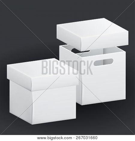 Empty White Cardboard Box Packaging Container. Tare For Transportation, Storage And Keeping. Vector 