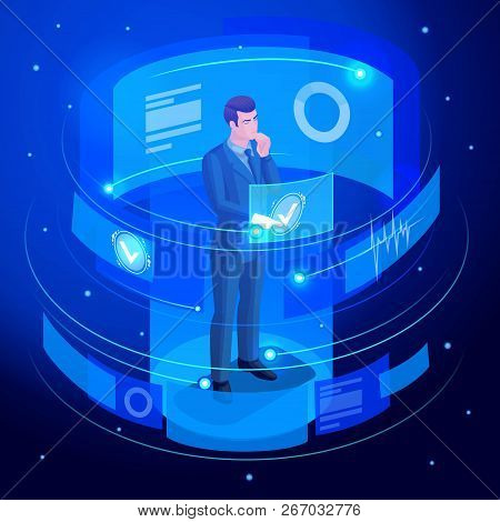Isometrics A Businessman Works On A Virtual Screen, Looks At Documents, Analyzes, Reports, Graphs, D
