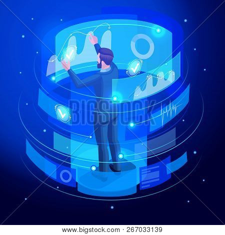 Isometric Businessman Works Virtual Screen, Looks Documents, Analyzes, Reports, Data Using High Tech