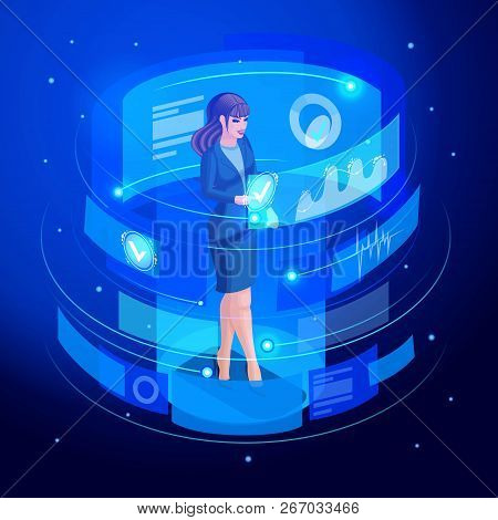 Isometric Business Lady Works On A Virtual Screen, Looks At Documents, Analyzes, Reports, Graphs, Da