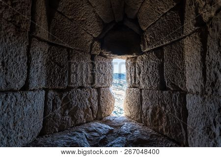  Loophole on the lower tier in Nimrod Fortress located in Upper Galilee in northern Israel on the bo