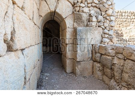 Passage through the fortress wall in Nimrod Fortress located in Upper Galilee in northern Israel on 