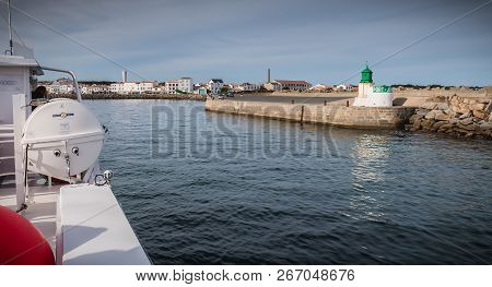 Ile D Yeu, France - September 16, 2018: View Of The Bridge Of A Ferry That Enters The Harbor Of The 