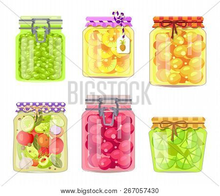 Preserved Fruits And Vegetables In Jars Set. Greek Olives, Pineapple Rings, Sweet Apricots, Cucumber