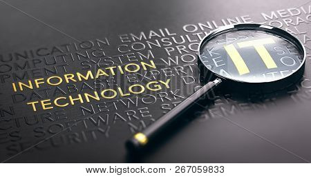 3d Illustration Of A Magnifying Glass Over Black Background And Focus On Golden It Acronym. Informat
