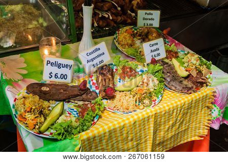 Choice Of Meals At A Stall At The Weekend Food Court On The Main Square Of Juayua Village, El Salvad