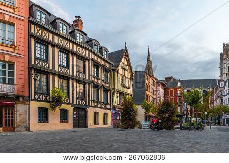 Place Du Lieutenant-aubert With Famous Old Buildings In Rouen, Normandy, France With Nobody
