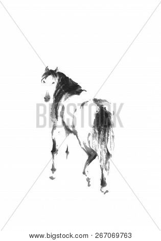 Horse Looking Back Japanese Style Original Sumi-e Ink Painting.