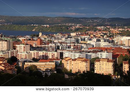 Jonkoping Town Skyline With Lake Vattern In Sweden. Smaland Province.