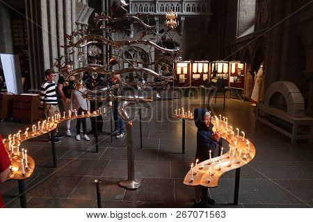 Linkoping, Sweden - August 25, 2018: People Visit The Romanesque Cathedral In Linkoping, Sweden. The