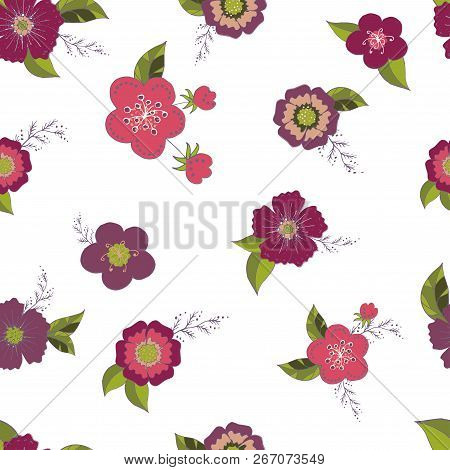 Seamless pattern with pink and purple flowers romantic elements. Endless color floral texture for design