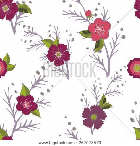 Seamless pattern with pink and purple flowers romantic elements. Endless color floral texture for design