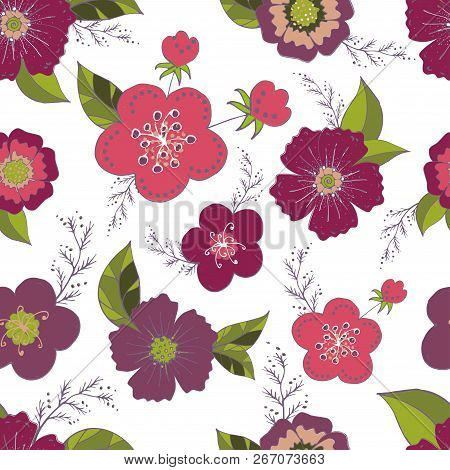 Seamless pattern with pink and purple flowers romantic elements. Endless color floral texture for design