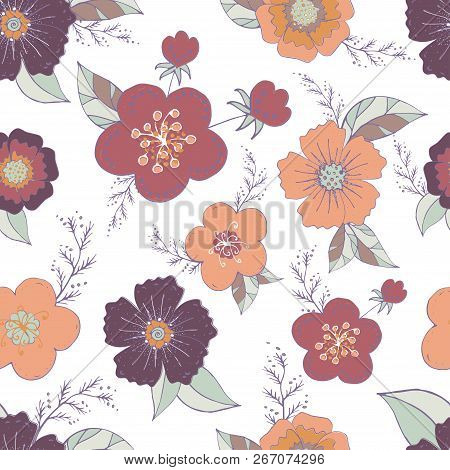 Seamless pattern with pastel flowers romantic elements. Endless color floral texture for design