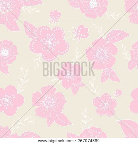 Seamless pattern with pastel flowers romantic elements. Endless color floral texture for design