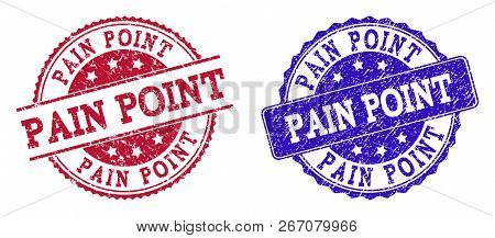 Grunge Pain Point Seal Stamps In Blue And Red Colors. Stamps Have Draft Style. Vector Rubber Imitati