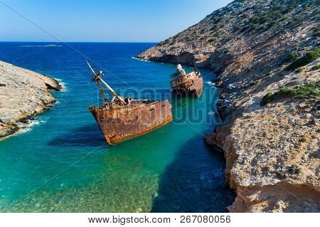Aerial View Of Shipwreck Olympia In Amorgos Island, Cyclades, Greece