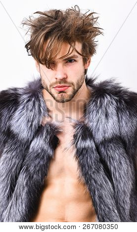 Fashion And Pathos. Richness And Luxury Lifestyle. Sexy Sleepy Rich Macho Tousled Hair Fur Vest On W