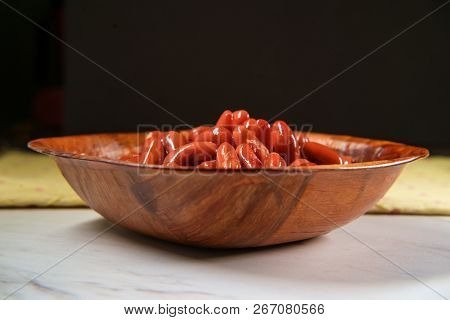 Chili Ingredients Wooden Bowl Kidney Beans On Marble Counter