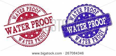 Grunge Water Proof Seal Stamps In Blue And Red Colors. Stamps Have Distress Texture. Vector Rubber I
