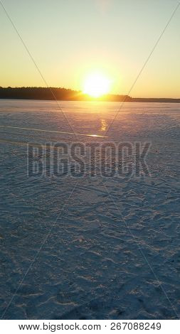 Sunset On A Winter Ice-covered River Teteriv, Ukraine