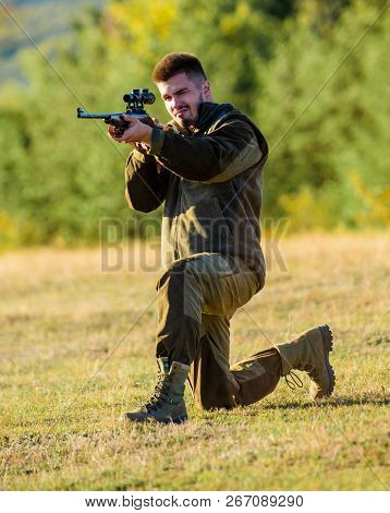 Hunting Shooting Trophy. Man Rifle For Hunt. Mental Preparation For Hunting Individual Process. Hunt
