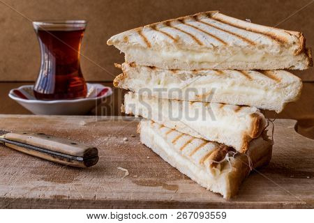 Turkish Sandwich Toast (tost) With Cheddar Or Melted Cheese And Tea