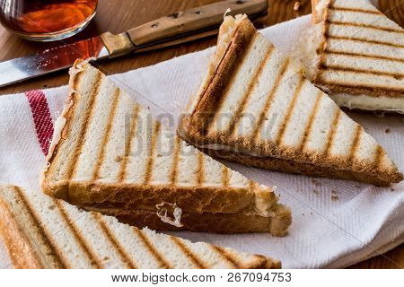 Turkish Sandwich Toast (tost) With Cheddar Or Melted Cheese And Tea