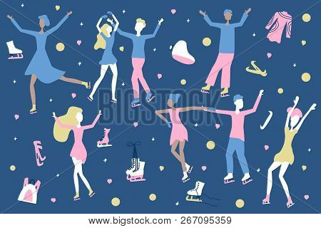 Figure Skating Concept.  Group Of Athlettes And Equipment. Vector Illustration.